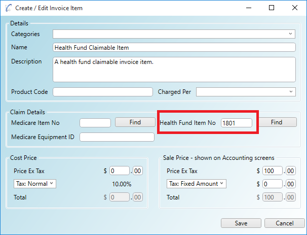 An invoice item with a valid health fund item number