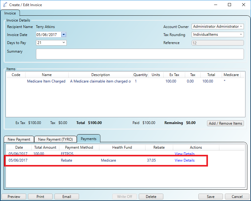 A Medicare Easyclaim rebate item is added under the Payments tab