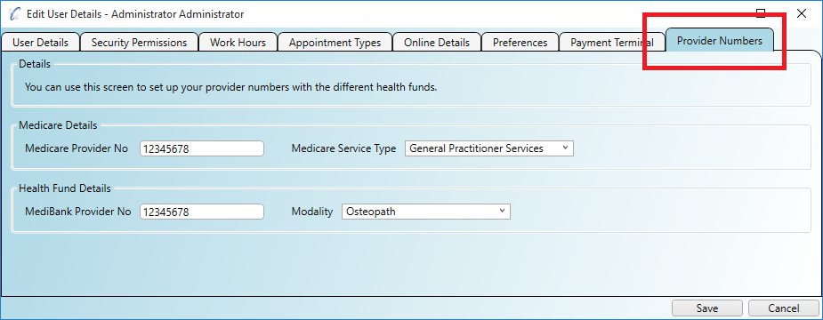 Setting provider numbers for a user