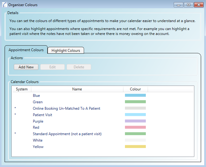 Create your own custom colours for appointments and appointment highlights
