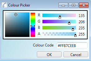 The colour picker lets you pick colours or modify RGB values and also just to type/paste in a colour code of your choice