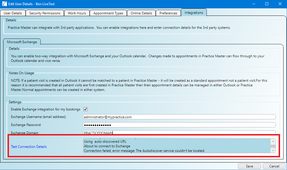 Unsuccessfully testing your Exchange connection details