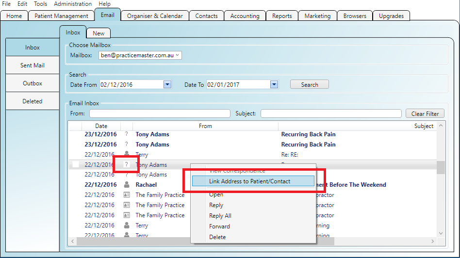 You can easily link an email from your inbox to a patient or contact
