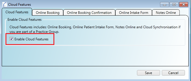 Enable Cloud Features to keep your data synchronised with the practice via the cloud