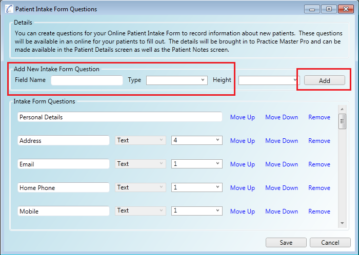 Adding questions to on your online patient intake form