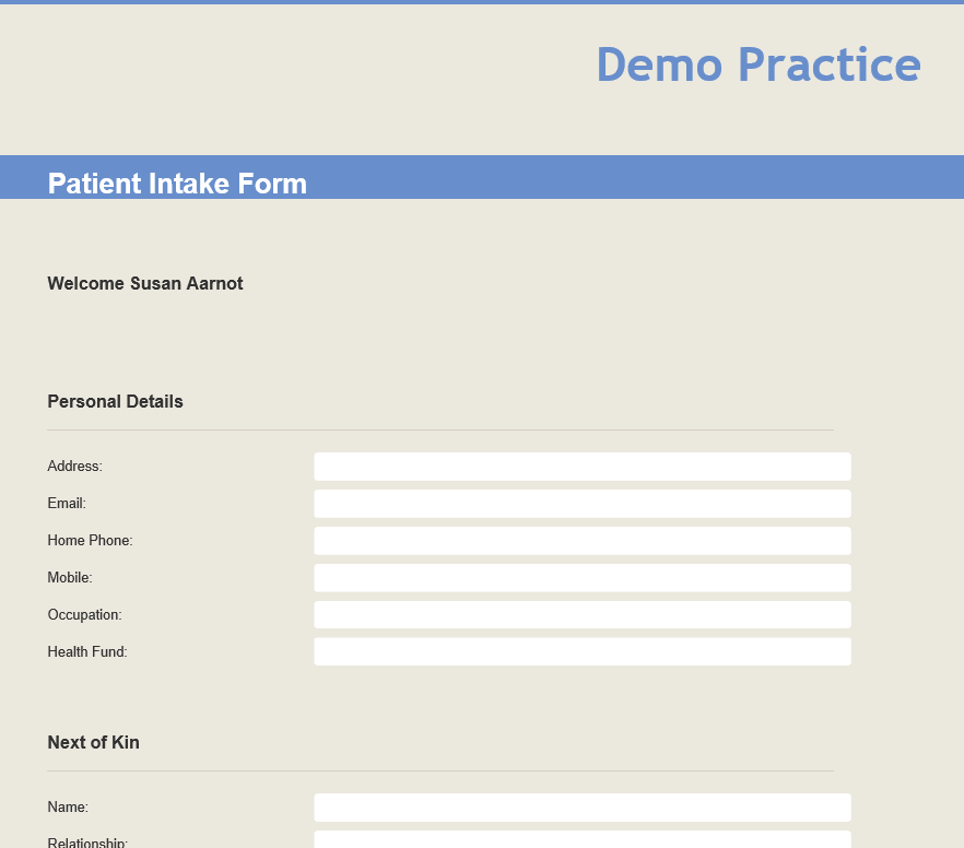 The online patient intake form ready for the patient to fill out