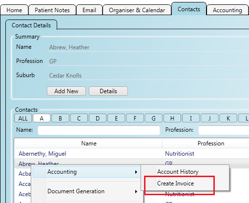 Creating a new invoice against a contact
