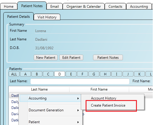 Creating a new patient invoice