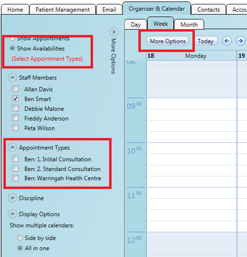 You can switch the calendar from Appointment view to Availability view for fast error free booking of multiple practitioners appointment types