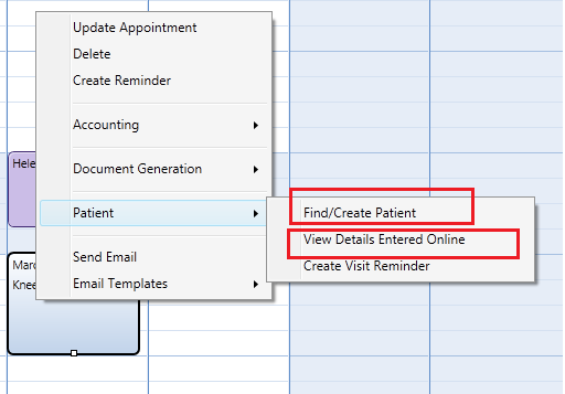 When the patient cannot be found or is new you can right click the appointment to find or create the patient