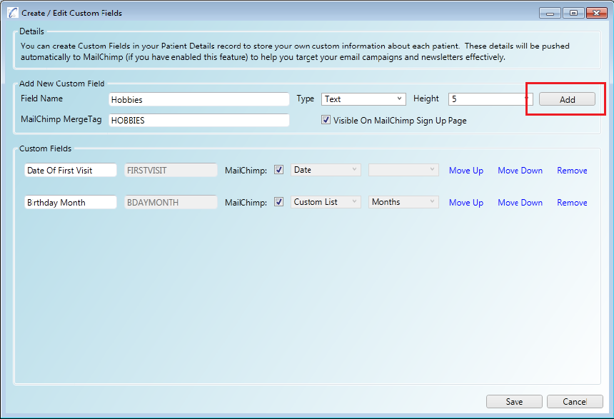 Adding custom field questions for extra patient data