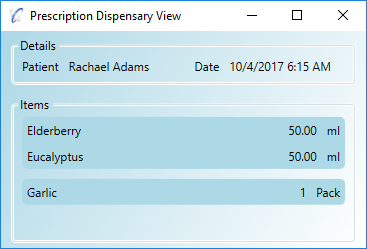 'Dispensary View' shows a breakdown of the items in the prescription, including composite/mixture/pack items that you compose yourself