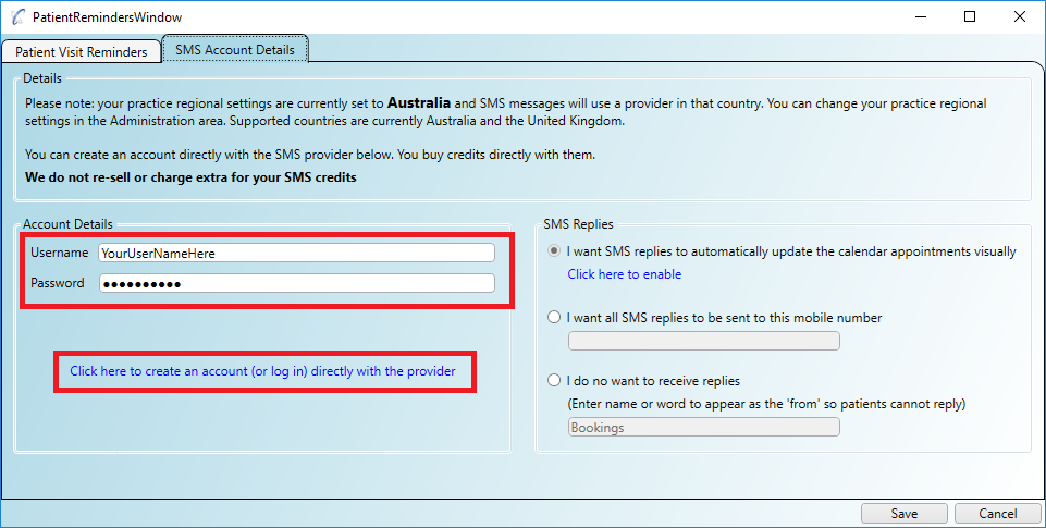 Specifying your SMS account details