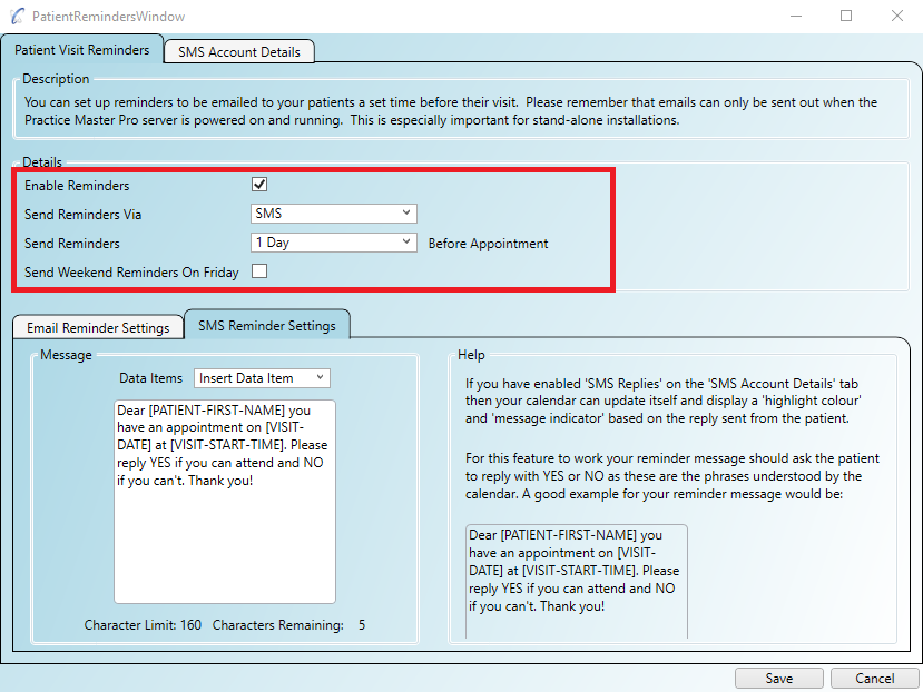 Enabling and settings for SMS reminders