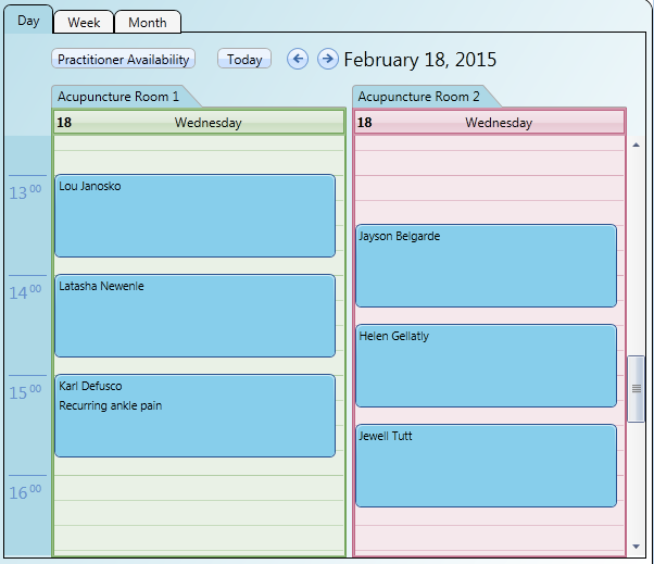 Multiple simultaneous bookings appear side by side in the room calendars