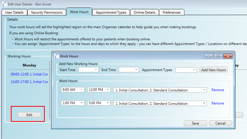 Linking appointment types to work hours