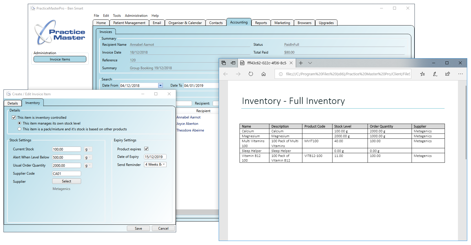 Accounts & billing integrates with inventory and stock levels