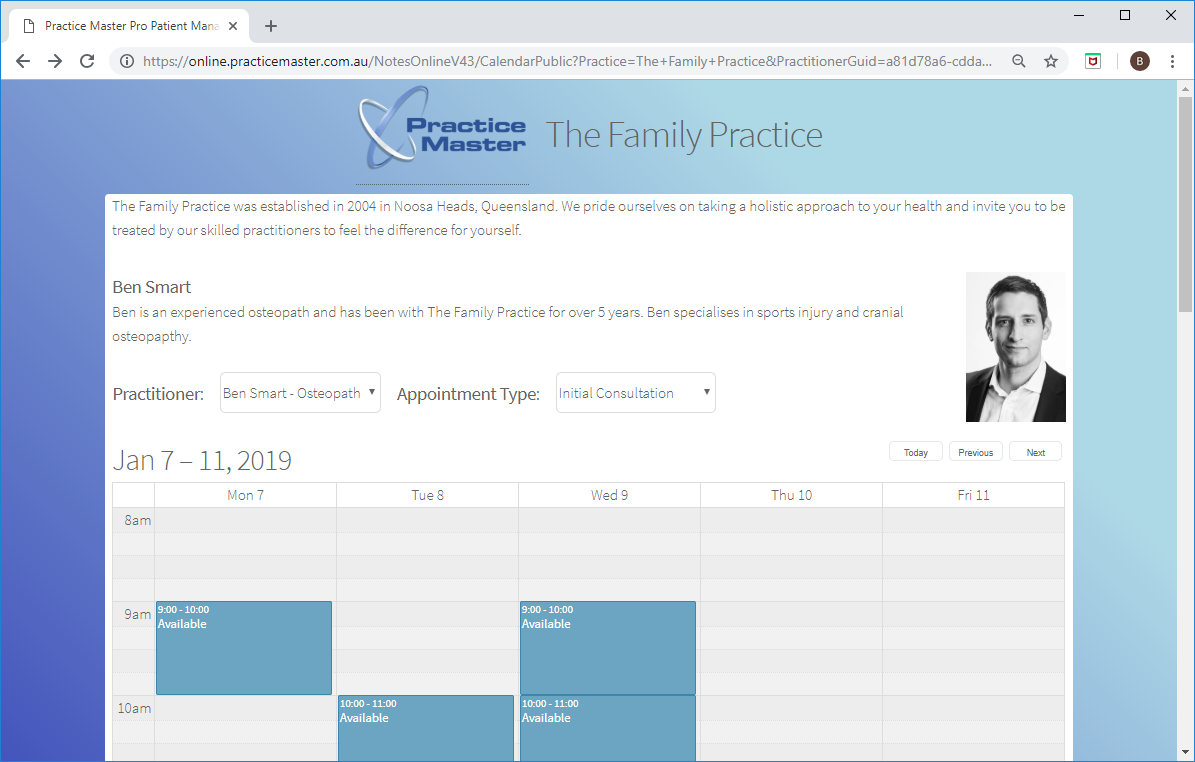Practice Master Pro's online patient booking software