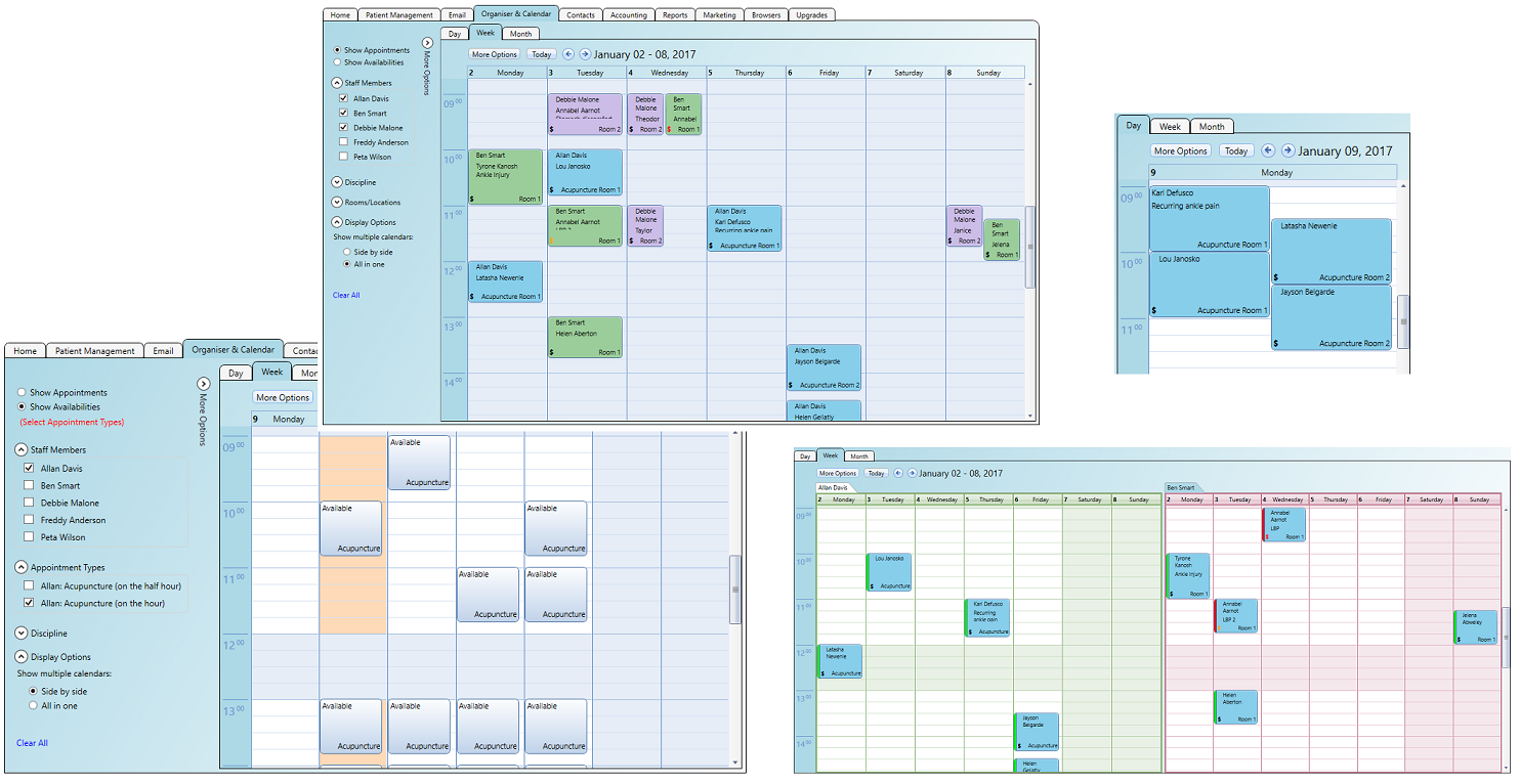 Different calendar views in the software in use by users at the practice with various roles
